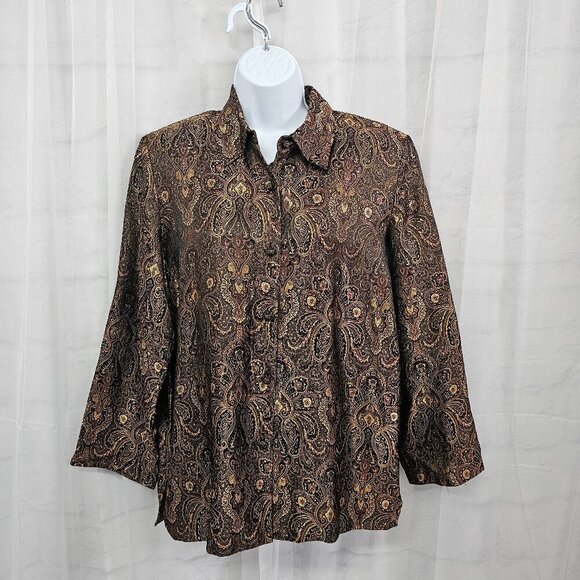 Vintage Drapers & Damons Blouse Brown Burgundy Jacquard Brocade Button-Down M - Picture 1 of 12
